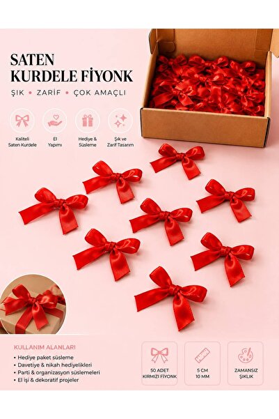İncivera Shop Kırmızı Saten Kurdele Fiyonk Süsleme Aksesuarı Dekoratif Fiyonk...