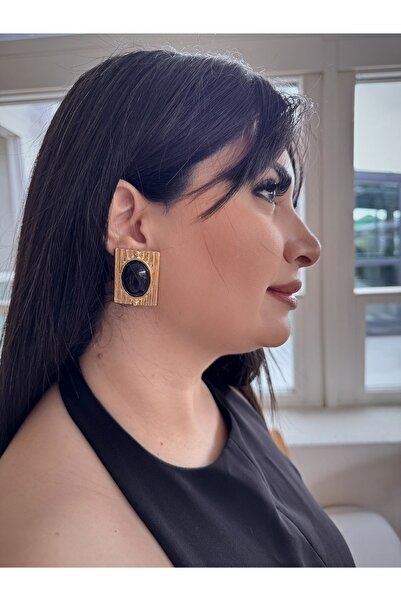 MOD10 Helen Jewerly Vintage tırtıklı siyah gold plaka küpe