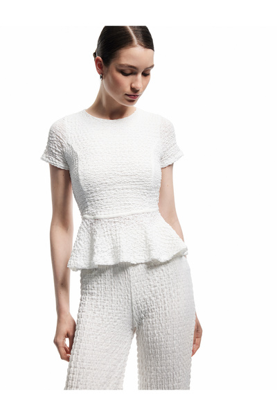 Koton Wrap Fabric Textured Short Sleeve Crew Neck Peplum Blouse