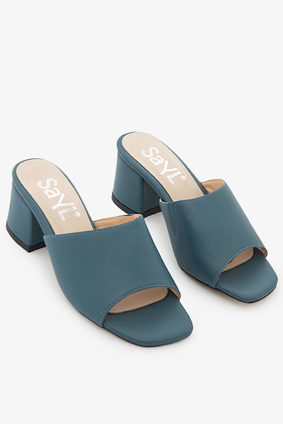 SAYL Blue Genuine Leather Thick Heeled Women's Slippers