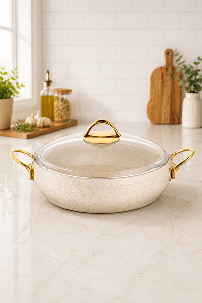 LAVONNI Caldora 26 cm Flat Granite Casserole Pot Non-Stick with Cream Gold Ha...