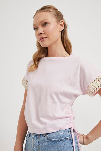 Arma Life Women's Lace Sleeve Gathered Basic Pink Short T-Shirt