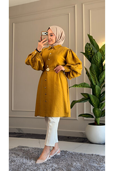 Suede Style 6423 - Comfortable Zippered Buttoned Viva Balloon Sleeve Long Tun...