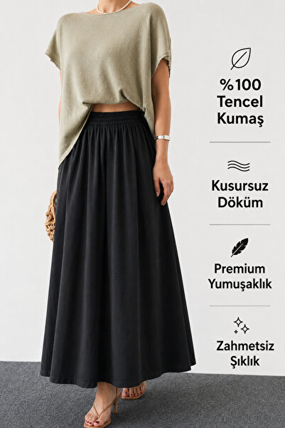 CNRCollection Kadın Siyah Cepli Beli Lastikli Yumuşak Dokulu %100 Tensel Kuma...