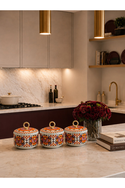 daiza home Kahvaltılık 3 lü Şekerlik Sunumluk African Desen Turuncu Halka Gold