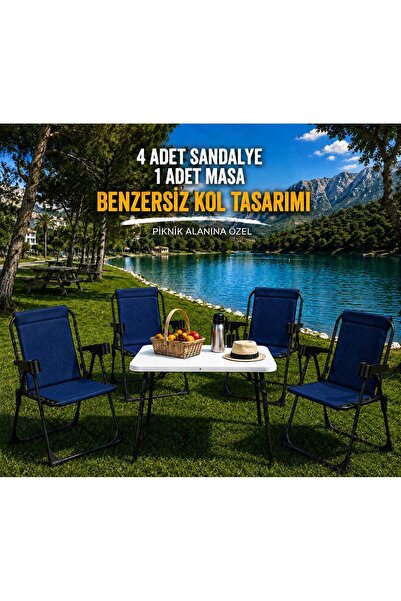 Armarks 4 Adet Katlanır Bardaklıklı Kamp Sandalye ve Masa Seti,Taşınabilir Pi...