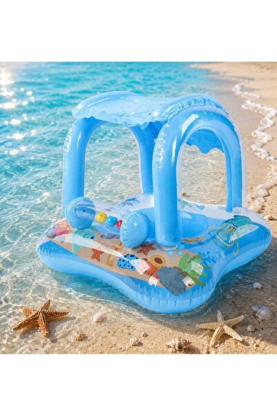 NUNU Gölgelikli Bebek Deniz Simidi Oturaklı Baby Float UV Korumalı – Mavi / P...
