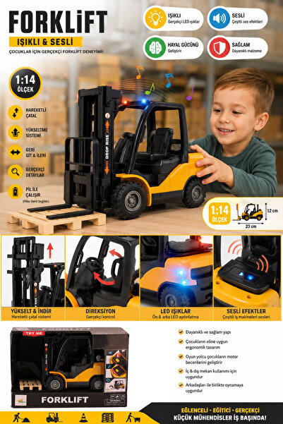 cayenna Pilli Işıklı ve Sesli Oyuncak Forklift 1:14 Ölçek Hareketli Çatallı Ç...