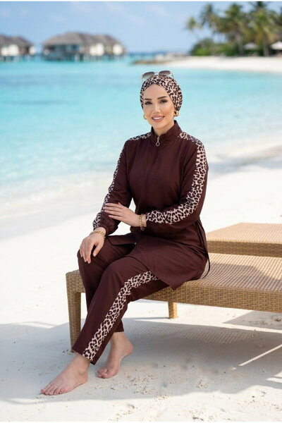 dilberfashion طقم ملابس سباحة إسلامية من Işıl Model Leopard مكون من 3 قطع
