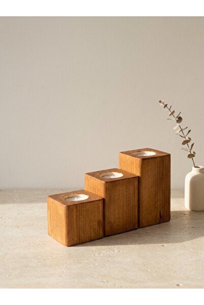 Doku Ahşap Ahşap 3'lü Masa Mumluk Seti | Tealight Şamdan | Minimal Salon Dekoru