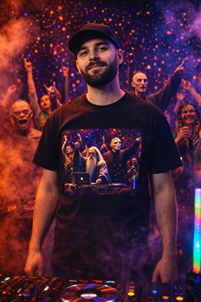 Fantastik Sihirbaz DJ Baskılı Siyah Unisex Pamuk T-Shirt
