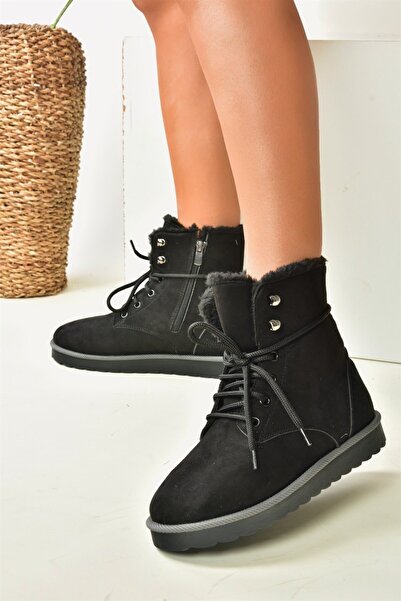 Fox Shoes حذاء نسائي من جلد الغزال الأسود مع فرو داخلي N404003002