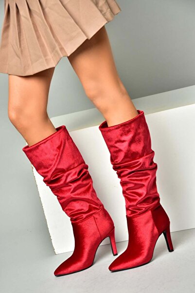 Fox Shoes L404868039 Ghete de damă din catifea burgundy cu toc subțire