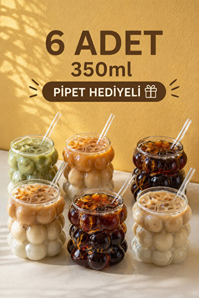 Maloria Boncuk Üzüm Borosilikat Kahve Bardağı | 6 Adet - 300ml (Cam Pipet Hed...