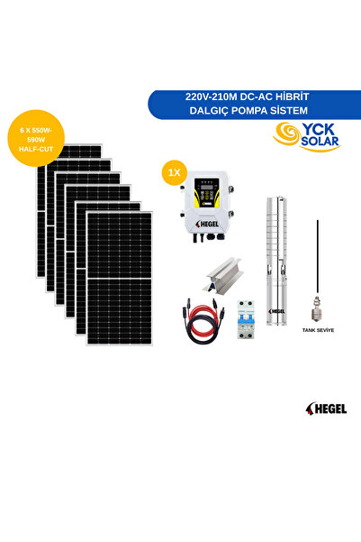 Hegel 220V 210 Metre DC-AC Hibrit Solar Dalgıç Pompa Sistemi | 6x 550W–590W H...