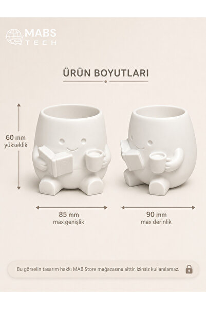 Mabs Tech Kitap Okuyan Sevimli Saksı – Beyaz - Sukulent ve Kaktüs İçin Dekoratif Masa & Kitaplık Objesi