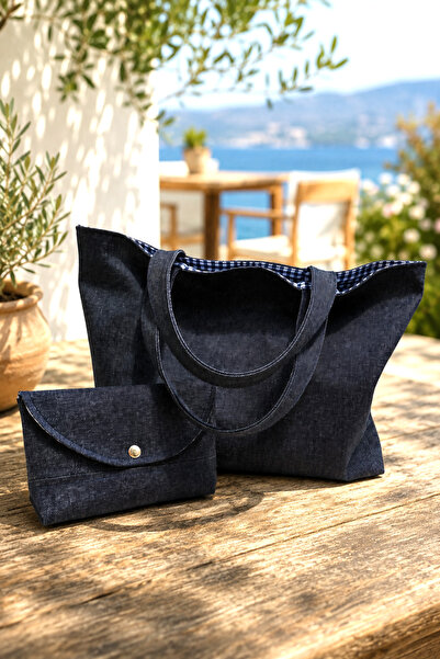 minart design Lacivert Düz Renk Denim Kareli Astarlı Omuz Çantası (makyaj çan...
