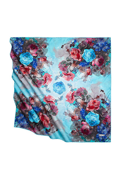 Bursa İpek Turquoise Floral Pattern Silky Scarf