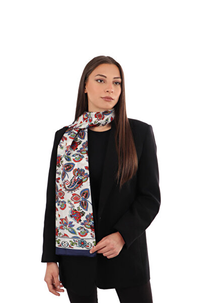 Bursa İpek Eșarfă de mătase voile cu model șal bleumarin