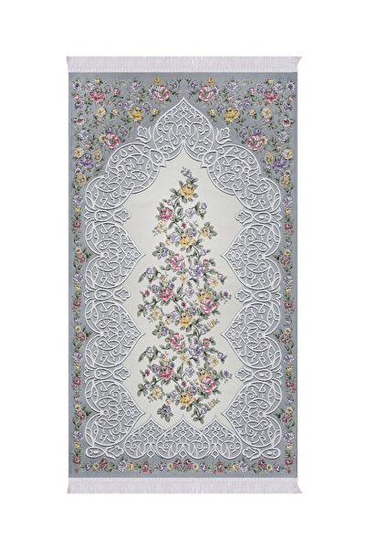Bursa İpek Gri Floral Desen İpeksi Goblen Seccade