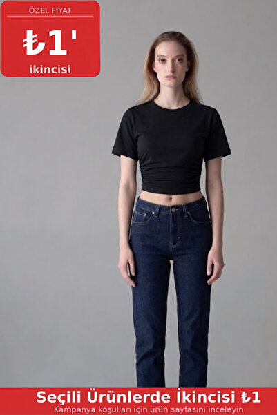 COMBİNE MİCHAİL Women's Wide Short Sleeve Black Crop T-Shirt