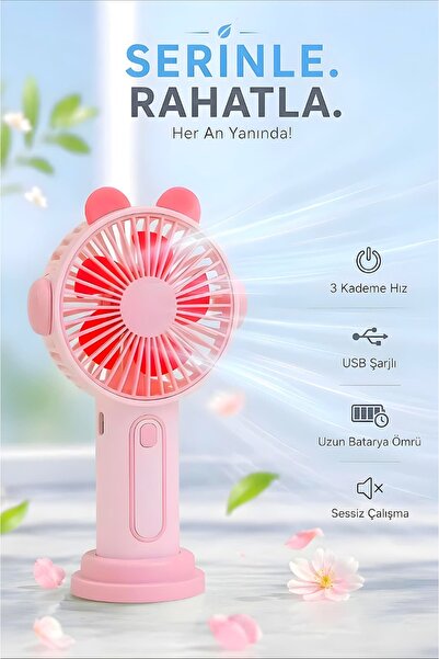 Kensa Şarjlı Taşınabilir Sevimli Kulak Tasarımlı Mini Fan 3 Kademeli Hız Tele...