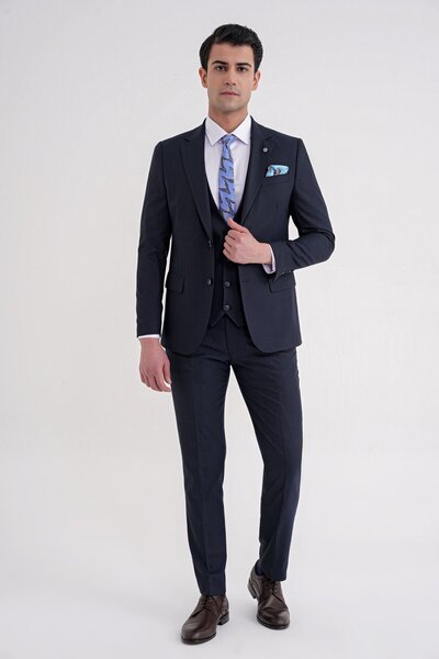 Efor Slim Fit Mono Collar Double Slit Dobby Flexible Wool Navy Blue Vest Clas...