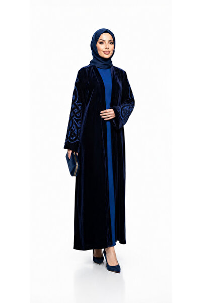 Muslima Wear Saks Mavisi Japon Kadife Oryantal Desen Kollar Nakış İşlemeli Bi...