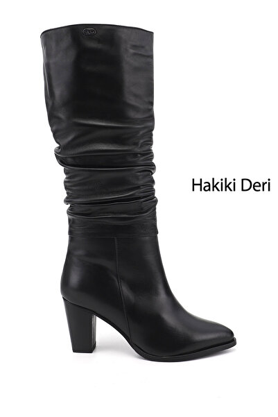 GÖNDERİ(R) Women's Black Pointed Toe Thick Heeled Genuine Leather Boots