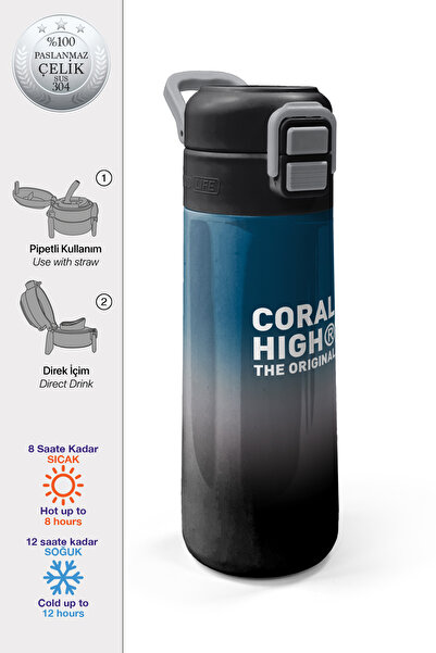 Coral High Kids Nefti Gri Renk Geçişli Pipetli ve Direkt İçim Çelik Termos 50...