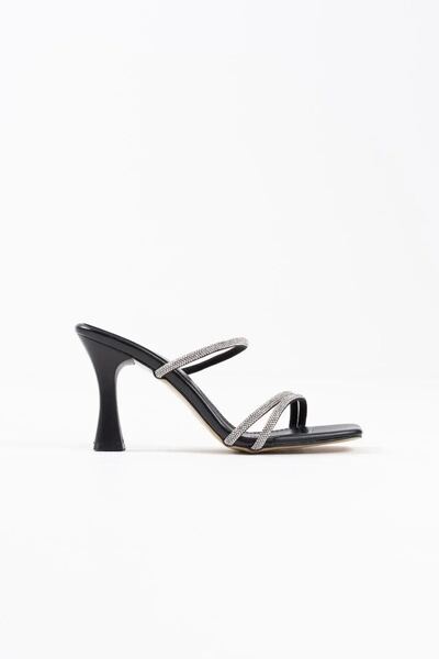 Belinora Black Stone Thin Strap Women's Heeled Slippers By20My01A