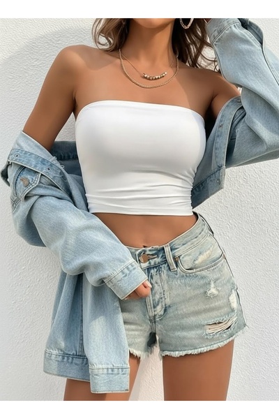 Olyssia Kadın Beyaz Vücuda Oturan Esnek Büstiyer Straplez Crop Bluz
