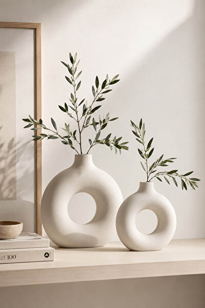 Lui Tasarım Krem Rengi XXL Boy Seramik 2li Halka Vazo Set 31 cm Beton Alçı De...