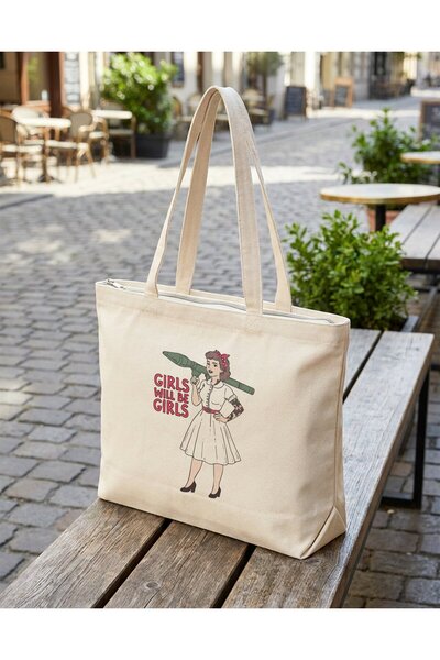 buzagi tasarım ürünleri Girls Will Be Girls Zippered Lined Gusseted Canvas Ba...
