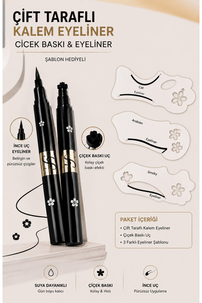 MAQYA KOZMETİK Çift Taraflı Çiçek Baskılı Eyeliner Kalemi Şablon Hediyeli Siy...