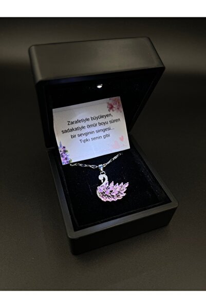 Sepetten Eve Işıklı Hediye Kutulu Kadın Pembe Kuğulu Pink Swan Taşlı Gümüş Ka...