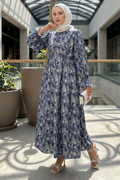 zenne Brush Pattern Hijab Dress 2328 - Indigo