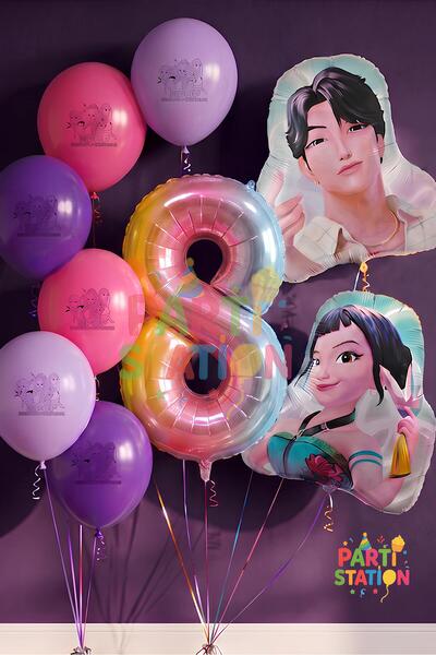 Parti Station K-Pop Demon Hunters 8 Years Old Balloon Set Double Sided 9 Piec...