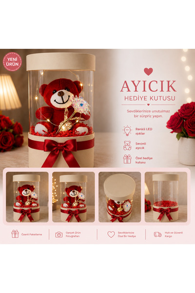 Led Işık ve Sonsuzluk Güllü Kırmızı Ayıcık Kutusu | Romantik Hediye | Sevgiliye