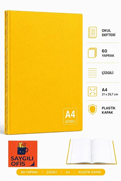 SaygılıOfis 60 Yaprak A4 DİKİŞLİ DÜZ Pp Kapak ÇİZGİLİ Defter