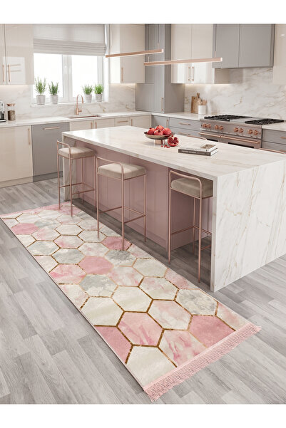Brillant Pembe Deri Taban Geometrik Desen Saçaklı Halı