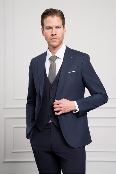Morven Erkek Lacivert Trend Yelekli Kombinli Yünlü Slim Fit Sivri Yaka Takım ...