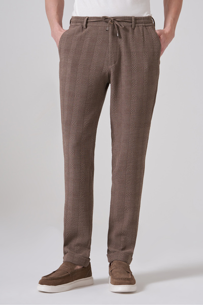 Morven Men's A-Brown Trend Plaid Elastic Drawstring Slim Fit Trousers