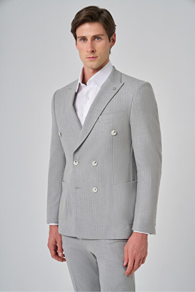 Morven Men's Grey Polyviscon Trend Striped Slim Fit Pointed Collar Double Bre...