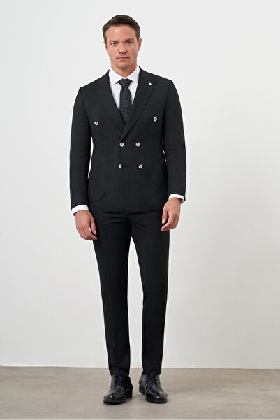 Morven Erkek Siyah Poliviskon Trend Kruvaze Slim Fit Sivri Yaka Takım Elbise