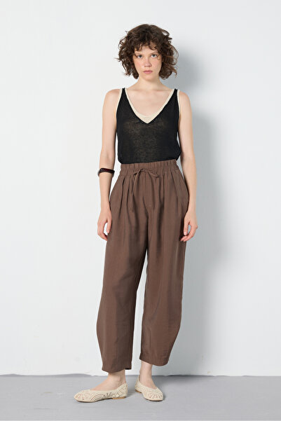 minaaise Kadın Kahve Premium Kumaş Oversize Pantolon 31085