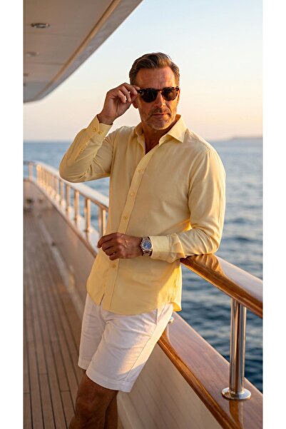 MEGALDİ Erkek Slim Fit Viskon Sarı Uzun Kollu Gömlek