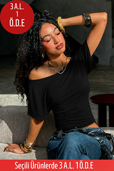 COMBİNE MİCHAİL Women's Off-Shoulder Black Crop T-Shirt