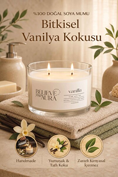 Believe Your Aura Vanilya Kokulu Mum - %100 Soya Mumu Aromaterapi Kase Mum - ...