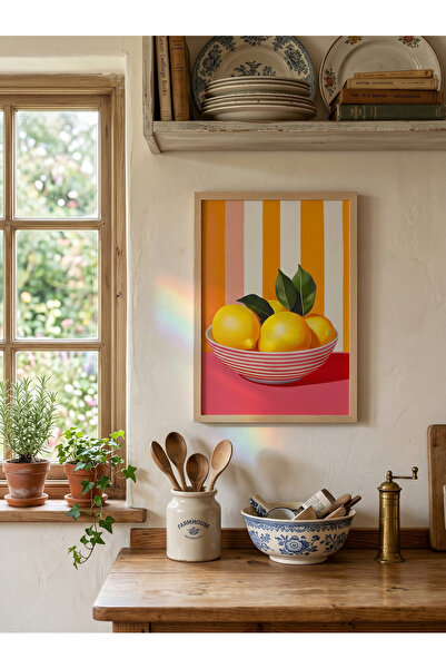 Creatick Design Masif Ahşap Çerçeveli Limon Temalı Tablo Mutfak Duvar Dekoras...